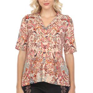 Johnny Was Jungle Paisley Short Sleeve Polo Swing Tee Top Shirt Boho Chic M